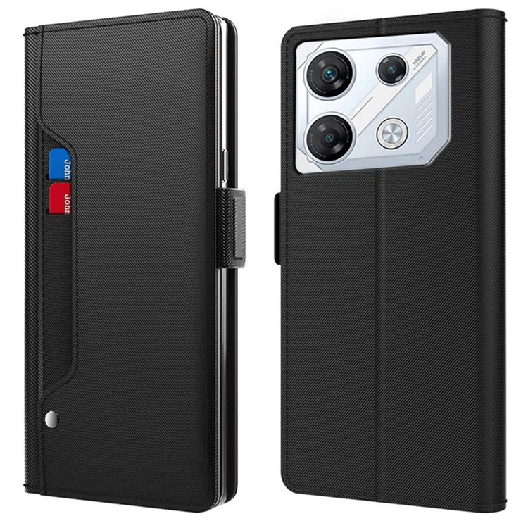For Infinix GT 10 Pro 5G Cell Phone Case PU Leather Stand Cover with Mirror - Black