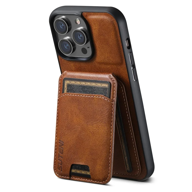 SUTENI H02 Funda magnética para iPhone 15 Pro Max Vertical Flip Card Holder Leather+TPU Cover - Marrón