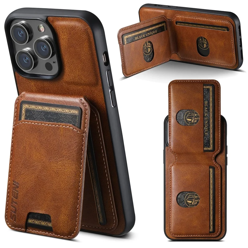 SUTENI H02 Funda magnética para iPhone 15 Pro Max Vertical Flip Card Holder Leather+TPU Cover - Marrón