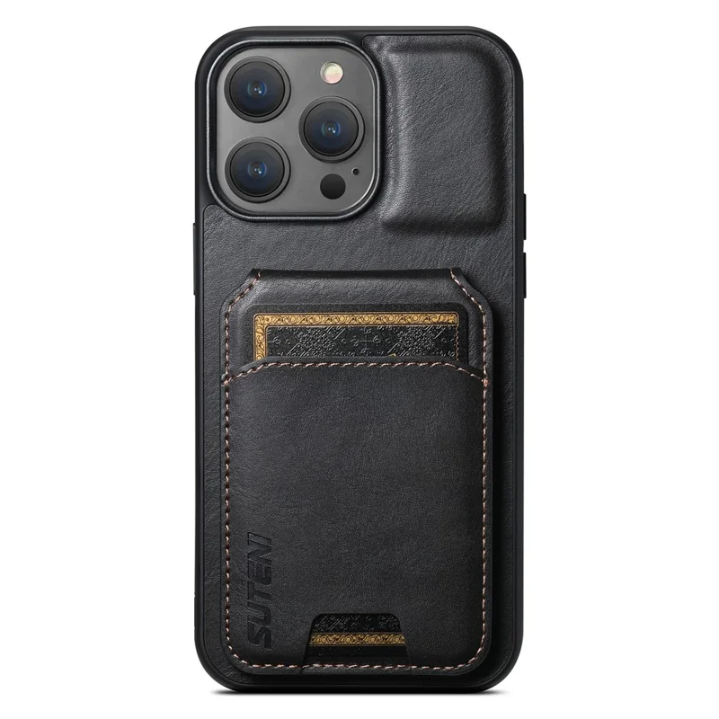SUTENI H02 For iPhone 14 Pro Max Leather Case Waxy Texture Vertical Flip Card Holder Phone Cover - Black
