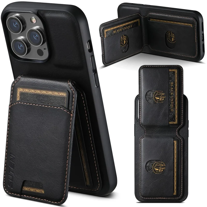 SUTENI H02 For iPhone 14 Pro Max Leather Case Waxy Texture Vertical Flip Card Holder Phone Cover - Black