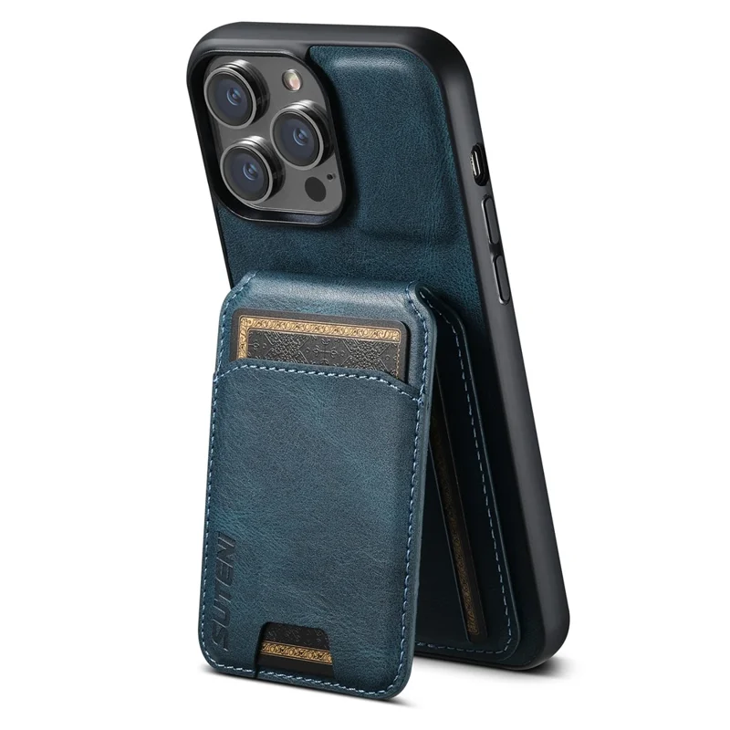 SUTENI H02 For iPhone 15 Pro Magnetic Case Anti-scratch Leather Waxy Texture Card Slots Phone Cover - Blue