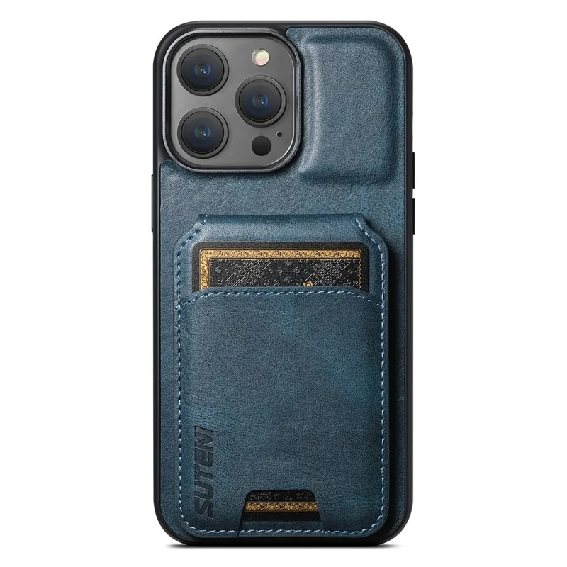 SUTENI H02 For iPhone 15 Pro Magnetic Case Anti-scratch Leather Waxy Texture Card Slots Phone Cover - Blue