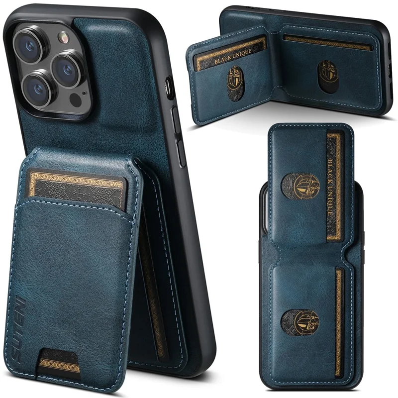 SUTENI H02 For iPhone 15 Pro Magnetic Case Anti-scratch Leather Waxy Texture Card Slots Phone Cover - Blue