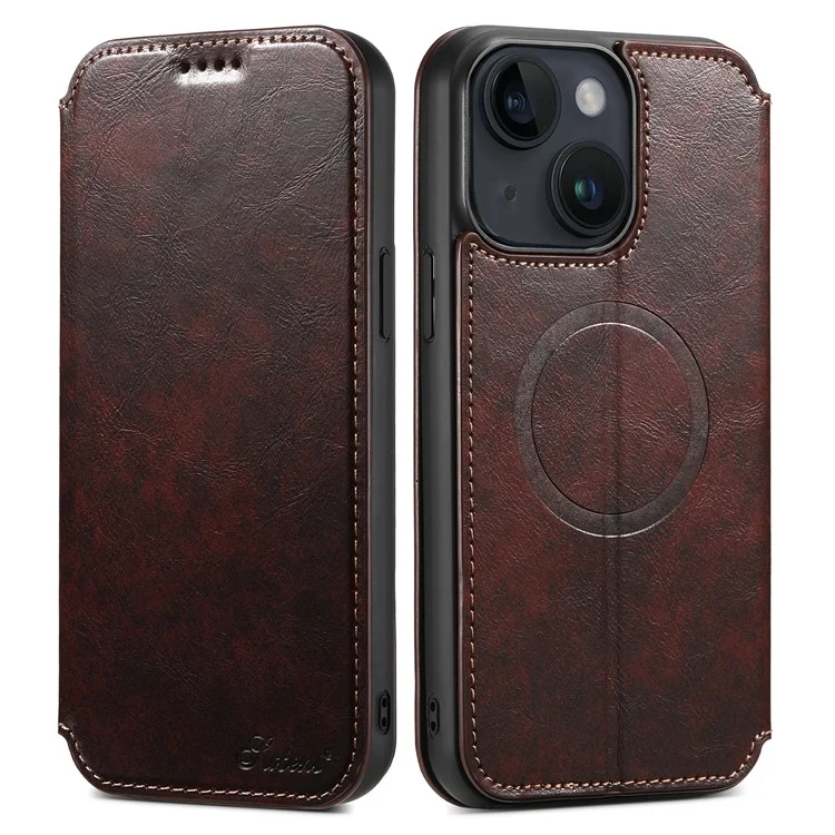 SUTENI J05 For iPhone 15 Case Compatible with MagSafe Anti-scratch Leather Card Slots Phone Cover - Brown
