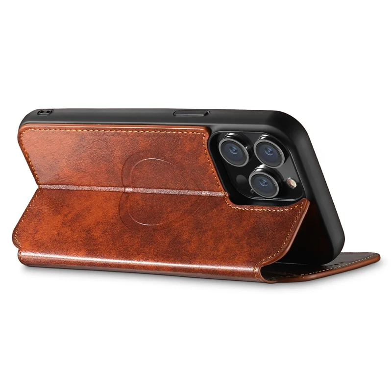 SUTENI J05 voor iPhone 15 Pro hoesje Anti-val lederen standhoes compatibel met MagSafe - Kaki