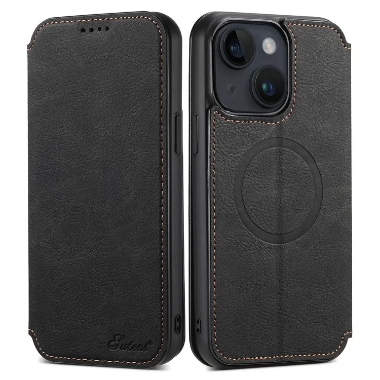 SUTENI J06 Custodia per iPhone 15 Plus, Texture in Pelle PU + Copertura TPU Compatibile con MagSafe - Nero