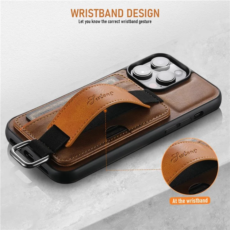 SUTENI H13 For iPhone 15 Pro Max Case PU Leather Coated PC+TPU Phone Shell with Kickstand, Card Slot - Brown
