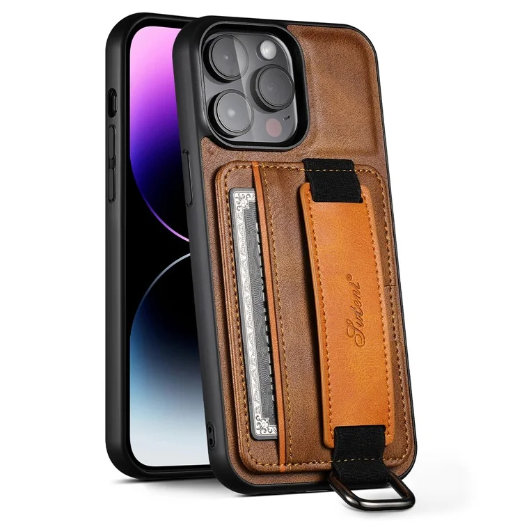 SUTENI H13 For iPhone 15 Pro Max Case PU Leather Coated PC+TPU Phone Shell with Kickstand, Card Slot - Brown