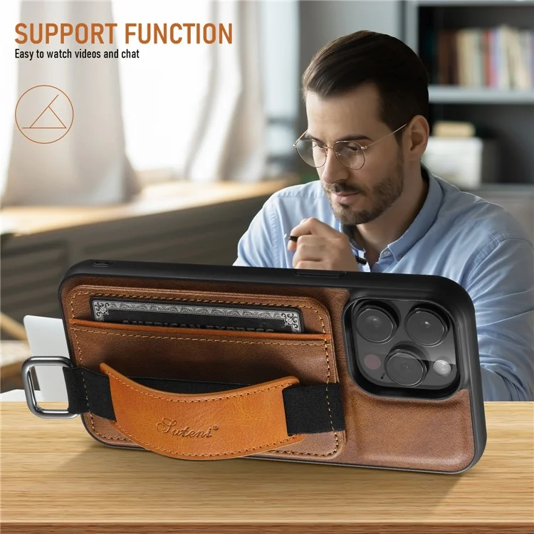 SUTENI H13 For iPhone 15 Pro Max Case PU Leather Coated PC+TPU Phone Shell with Kickstand, Card Slot - Brown