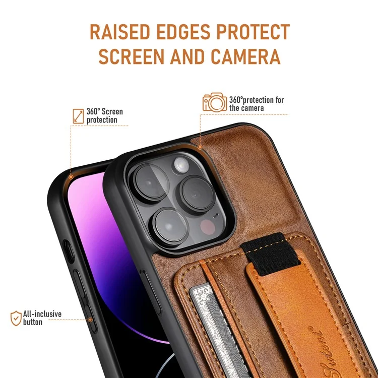SUTENI H13 For iPhone 15 Pro Max Case PU Leather Coated PC+TPU Phone Shell with Kickstand, Card Slot - Brown