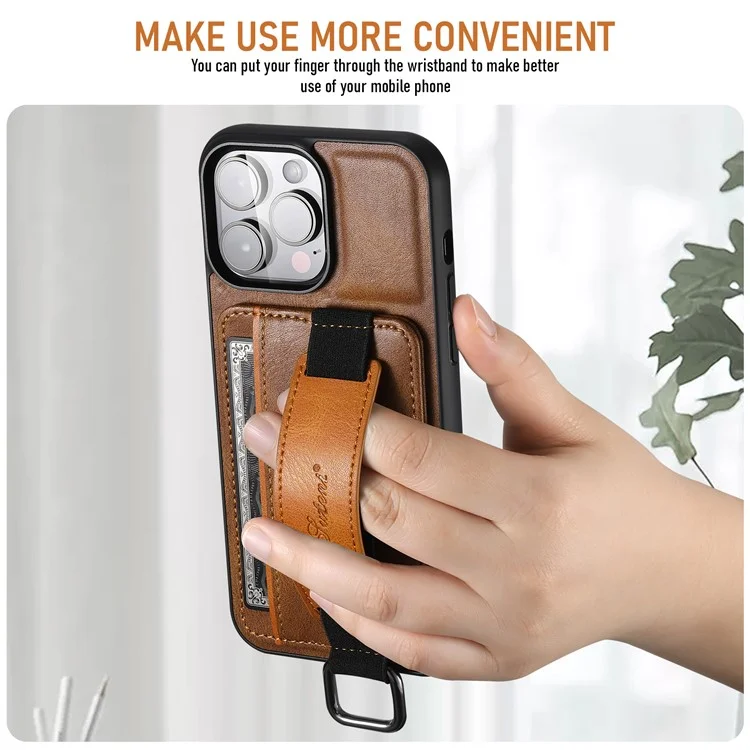 SUTENI H13 For iPhone 15 Pro Max Case PU Leather Coated PC+TPU Phone Shell with Kickstand, Card Slot - Brown