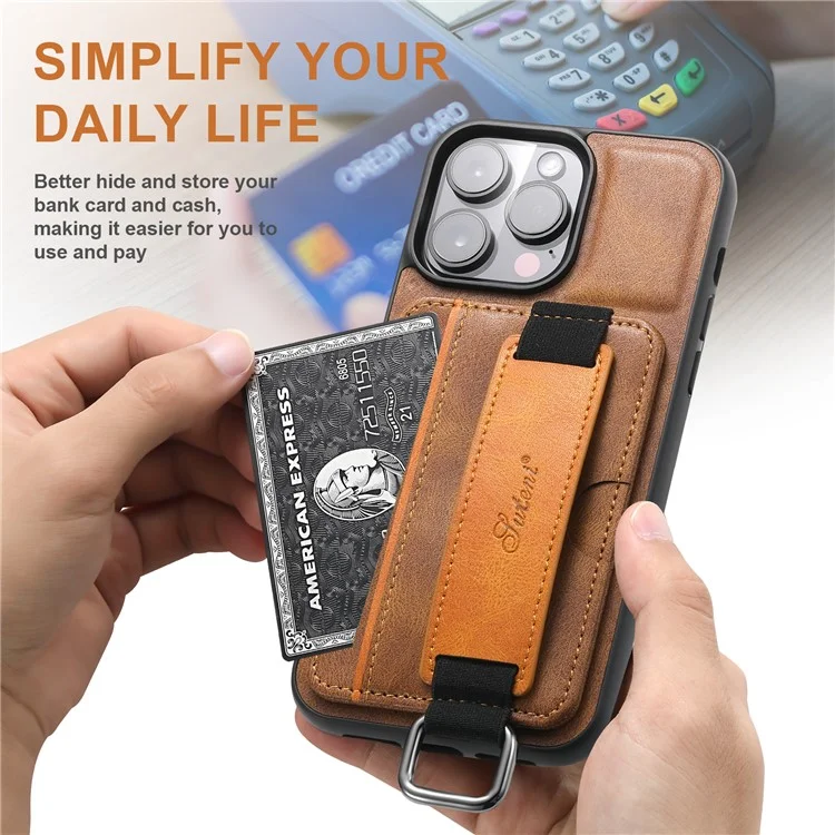 SUTENI H13 For iPhone 15 Pro Max Case PU Leather Coated PC+TPU Phone Shell with Kickstand, Card Slot - Brown