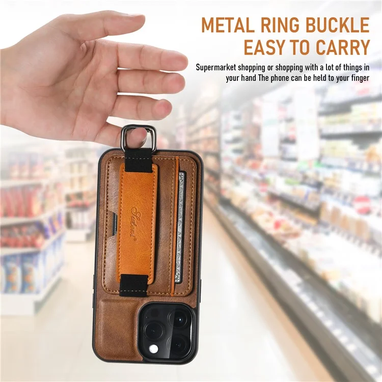 SUTENI H13 For iPhone 15 Pro Max Case PU Leather Coated PC+TPU Phone Shell with Kickstand, Card Slot - Brown