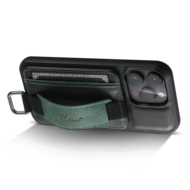 SUTENI H13 For iPhone 15 Pro Case PU Leather Coated TPU Kickstand Phone Cover with Hand Strap - Black