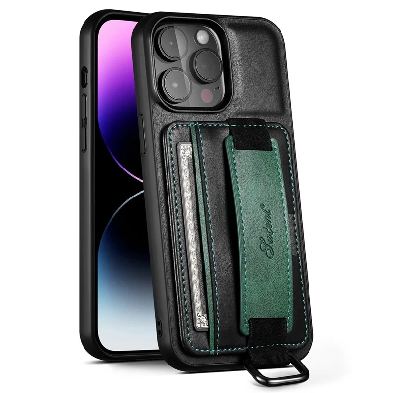 SUTENI H13 For iPhone 15 Pro Case PU Leather Coated TPU Kickstand Phone Cover with Hand Strap - Black