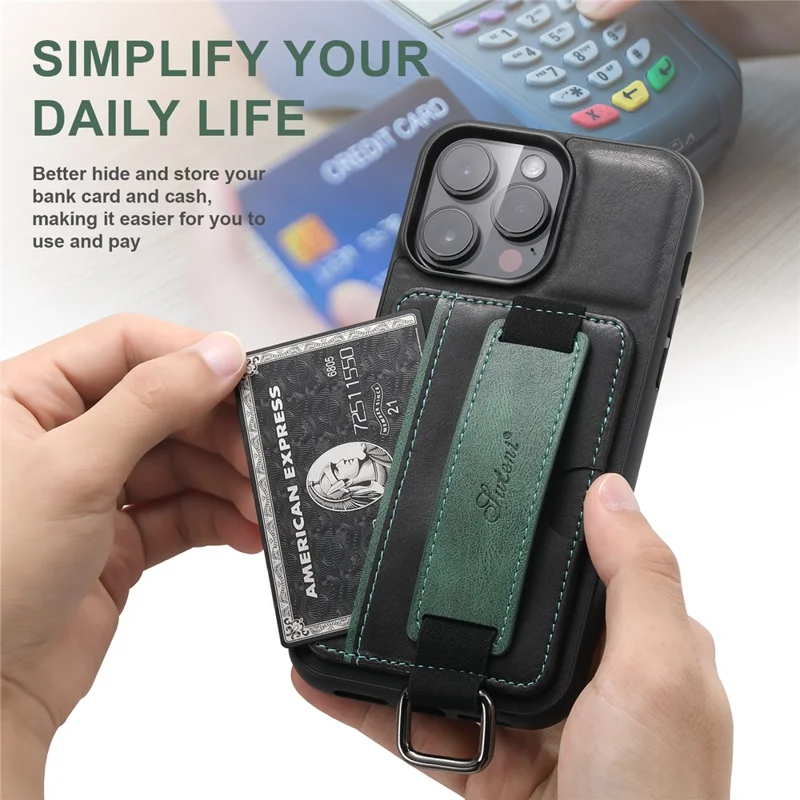 SUTENI H13 For iPhone 15 Pro Case PU Leather Coated TPU Kickstand Phone Cover with Hand Strap - Black