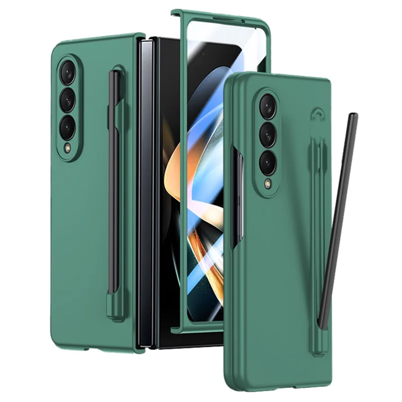 For Samsung Galaxy Z Fold4 5G Phone Case PC Protective Cover with Tempered Glass Film / Stylus Pen - Green