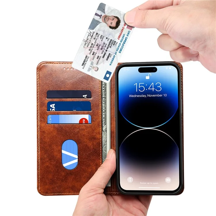 SUTENI Für iPhone 15 Pro Case Anti-Kratzer PU-Leder+TPU Handy-Geldbörse - Khaki