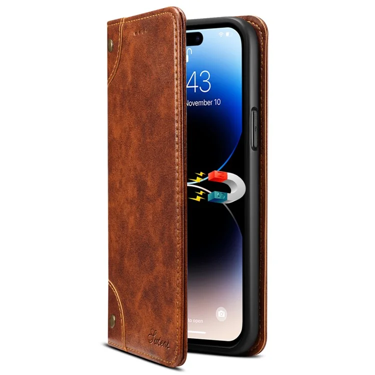 SUTENI Für iPhone 15 Pro Case Anti-Kratzer PU-Leder+TPU Handy-Geldbörse - Khaki