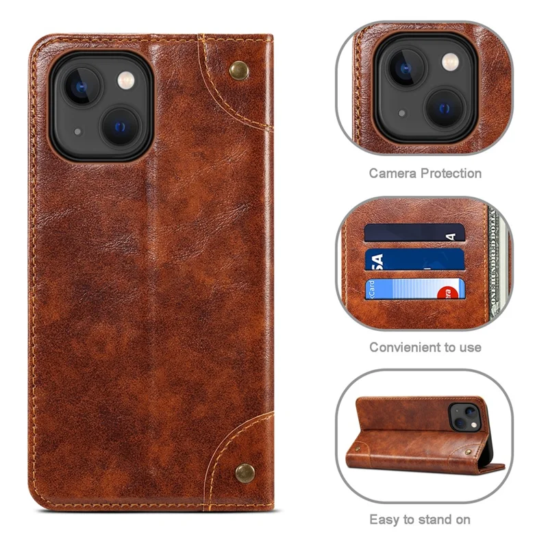 SUTENI For iPhone 15 Magnetic Case PU Leather+TPU Scratch-proof Stand Cell Phone Cover - Khaki