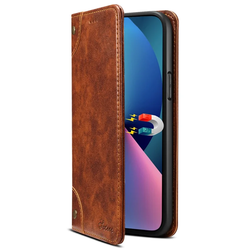 SUTENI For iPhone 15 Magnetic Case PU Leather+TPU Scratch-proof Stand Cell Phone Cover - Khaki