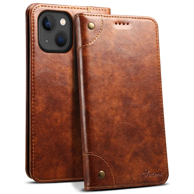 SUTENI For iPhone 15 Plus Magnetic Case Drop-resistant PU Leather Card Holder Phone Protector - Khaki