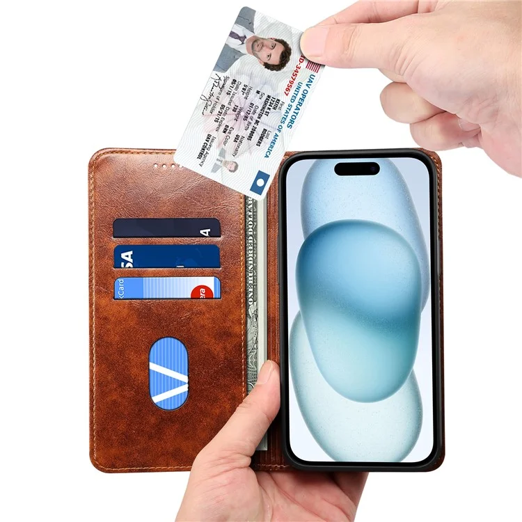 SUTENI For iPhone 15 Plus Magnetic Case Drop-resistant PU Leather Card Holder Phone Protector - Khaki
