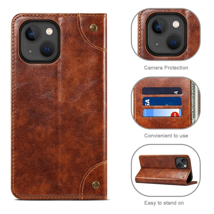 SUTENI For iPhone 15 Plus Magnetic Case Drop-resistant PU Leather Card Holder Phone Protector - Khaki