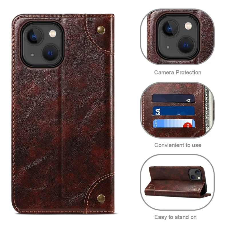 SUTENI para iPhone 15 Plus Funda magnética Resistente a golpes Funda de cuero PU Soporte para tarjetas Protector de teléfono - Marrón