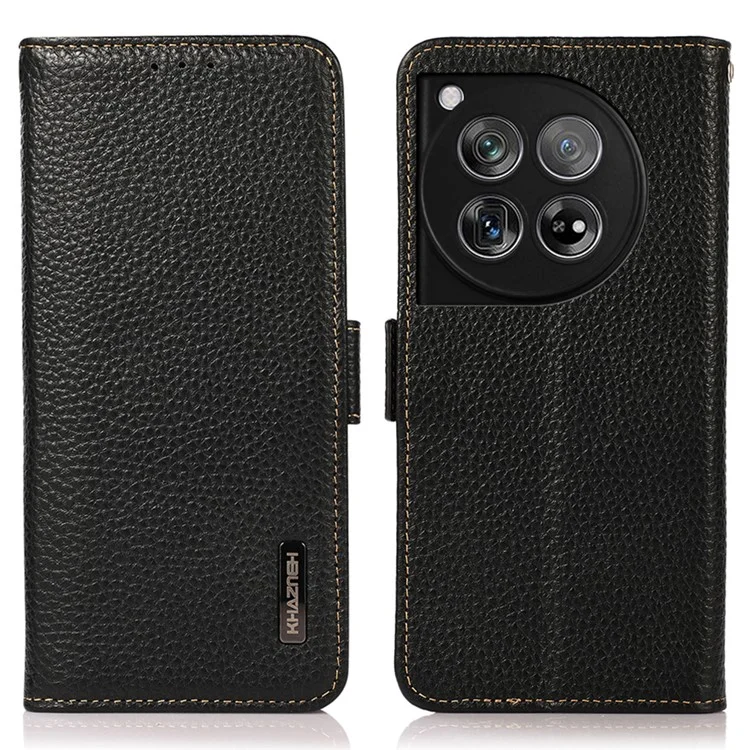 KHAZNEH Para OnePlus 12 5G Case Genuine Cow Leather Litchi Texture RFID Blocking Phone Cover - Preto