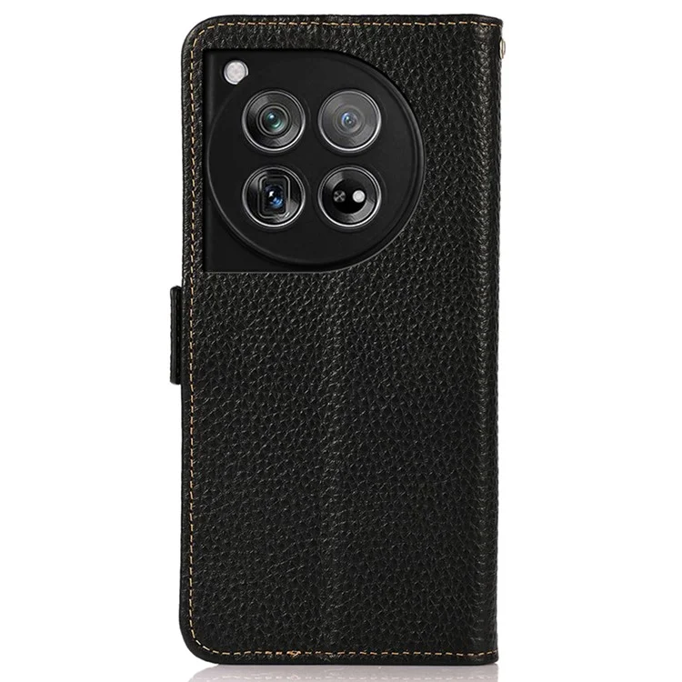 KHAZNEH Para OnePlus 12 5G Case Genuine Cow Leather Litchi Texture RFID Blocking Phone Cover - Preto