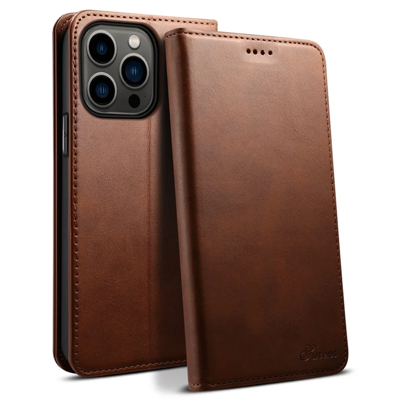 SUTENI for iPhone 15 Pro Leather Phone Case Calf Texture Wallet Stand - Brown