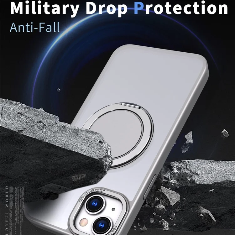 For iPhone 14 Plus Magnetic Phone Case Hidden Gear Rotary Ring Kickstand - Titanium Grey