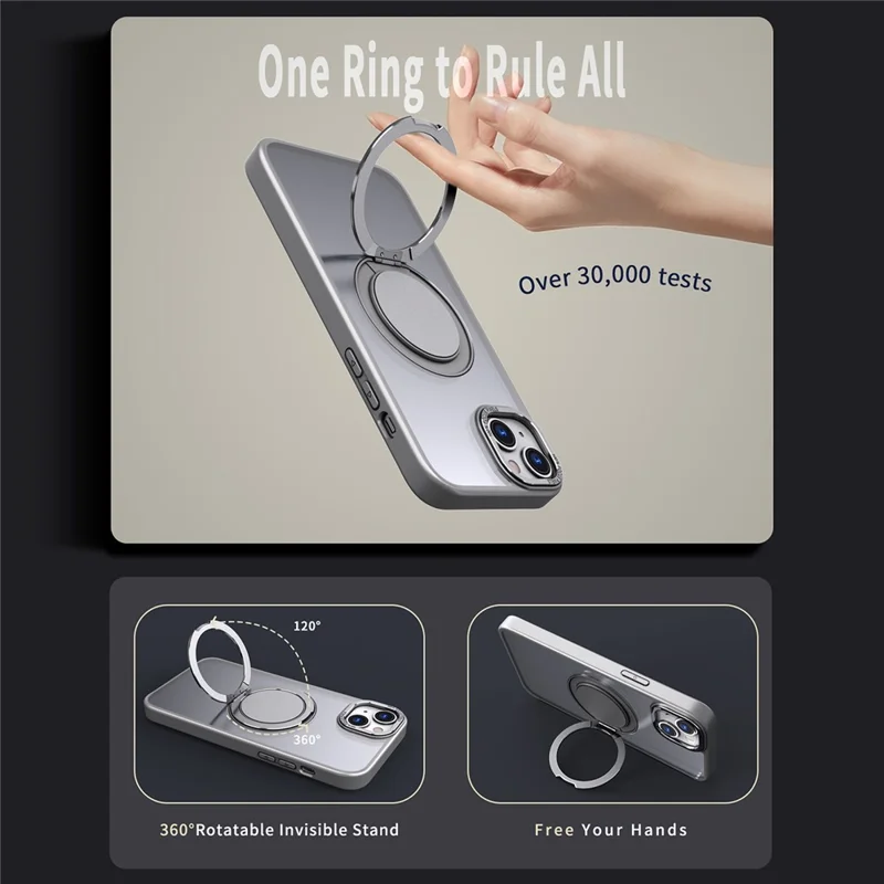 For iPhone 14 Plus Magnetic Phone Case Hidden Gear Rotary Ring Kickstand - Titanium Grey