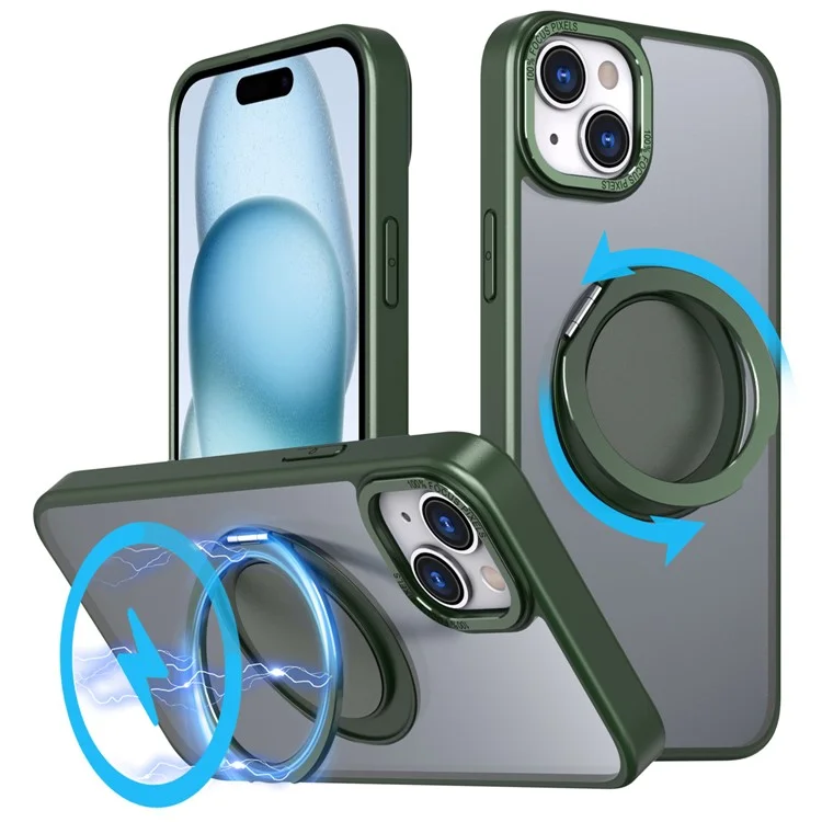 Para iPhone 15 Invisible Gear Phone Case Kickstand Magnetic Cover - Verde
