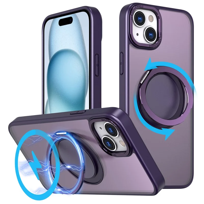 For iPhone 15 Plus Magnetic Case Ring Kickstand PC + TPU Cover - Purple