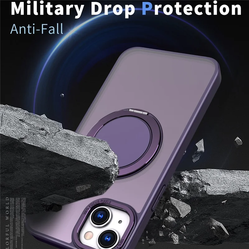 For iPhone 15 Plus Magnetic Case Ring Kickstand PC + TPU Cover - Purple