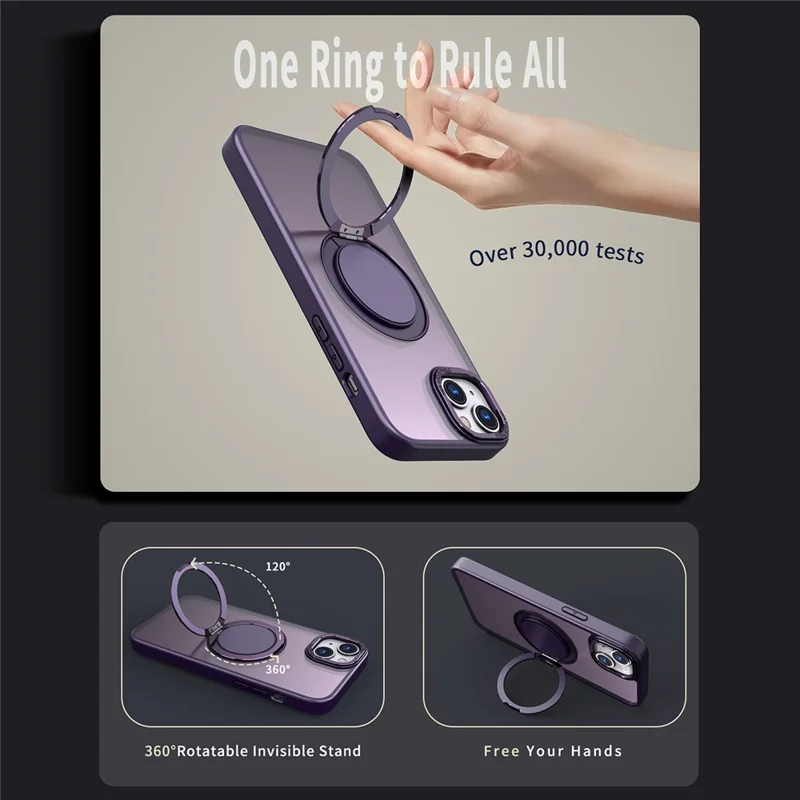 For iPhone 15 Plus Magnetic Case Ring Kickstand PC + TPU Cover - Purple