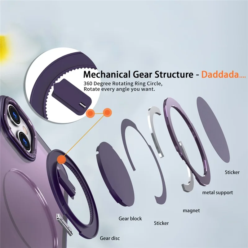 For iPhone 15 Plus Magnetic Case Ring Kickstand PC + TPU Cover - Purple