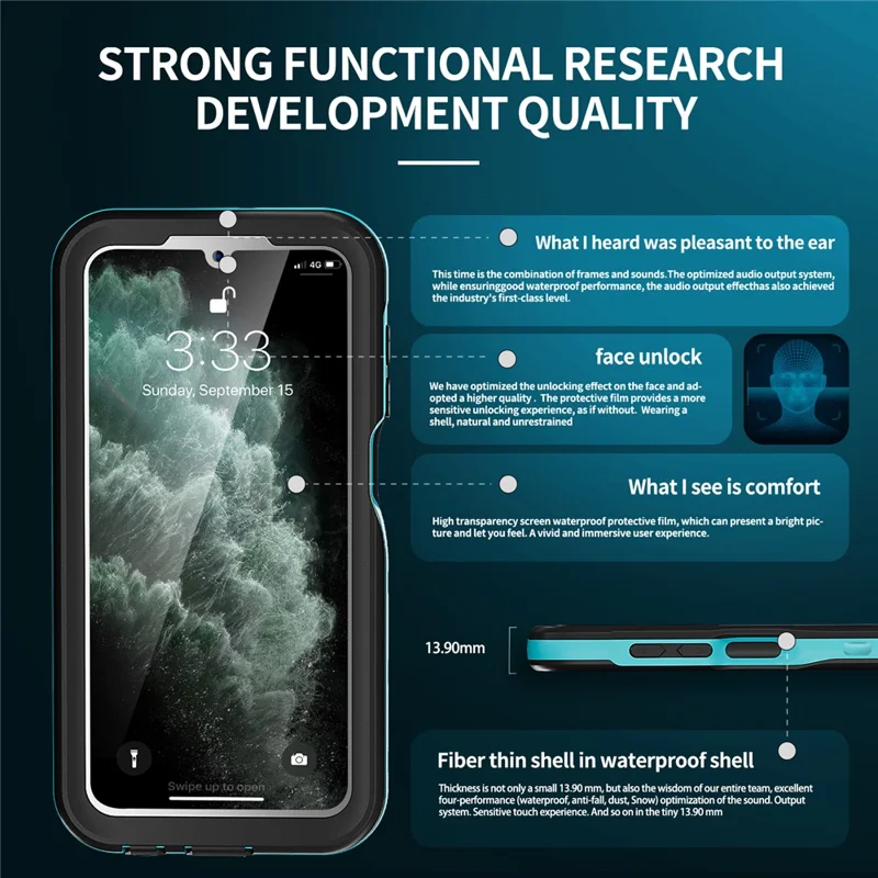 REDPEPPER A Series For Samsung Galaxy A15 5G Case Waterproof Built-in Screen Protector IP68 Underwater - Black+Grass Blue