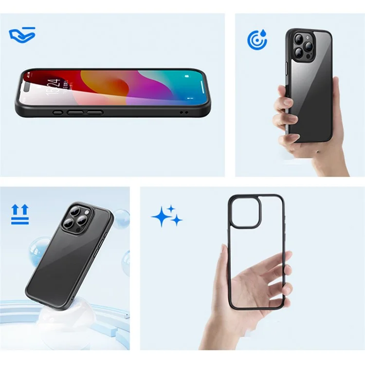 ROCK for iPhone 15 Pro Max Cell Phone Case Transparent Panel TPU+PC Anti-Drop Protective Shell - Black