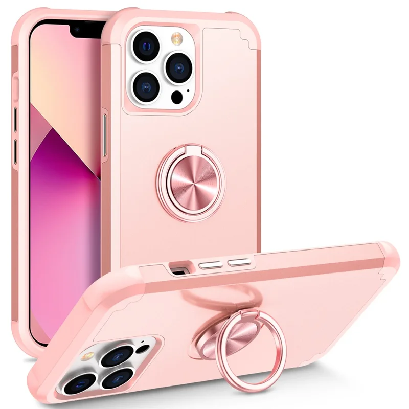 For iPhone 13 Pro Kickstand Case Anti-shock PC+TPU Phone Back Cover Protector - Rose Gold
