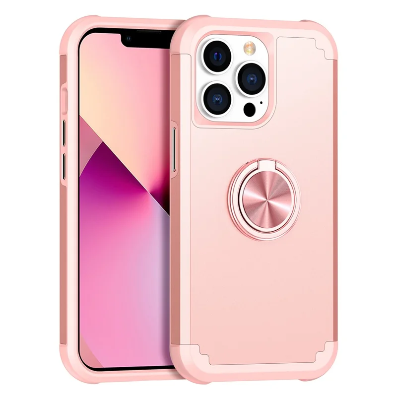 For iPhone 13 Pro Kickstand Case Anti-shock PC+TPU Phone Back Cover Protector - Rose Gold