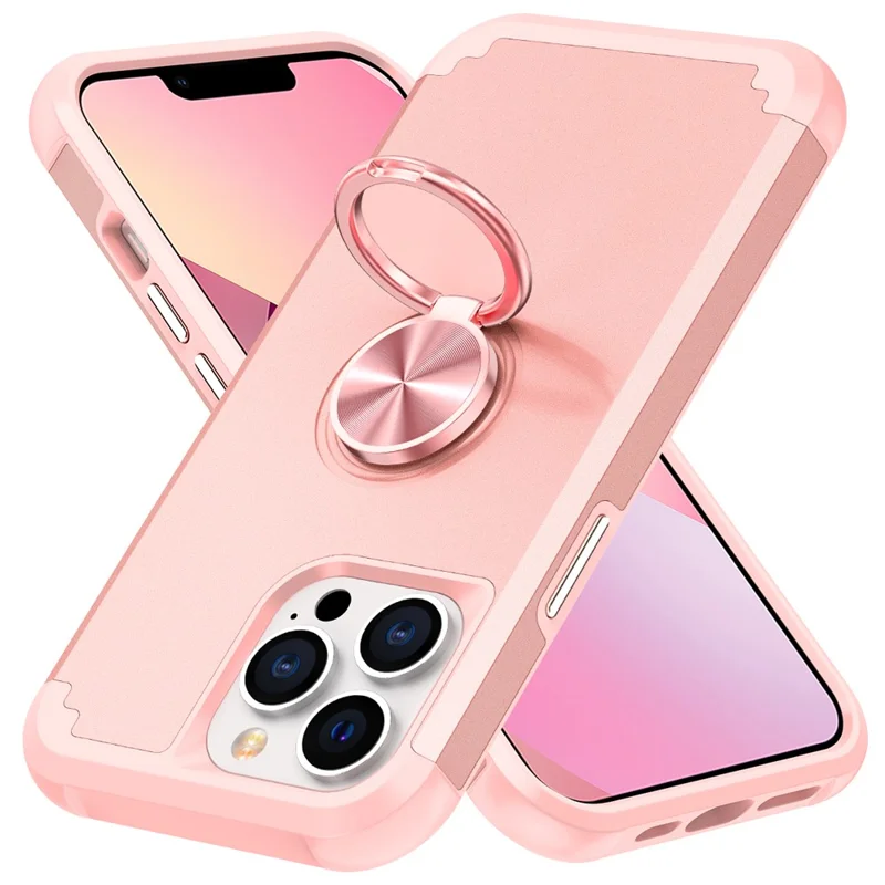 For iPhone 13 Pro Kickstand Case Anti-shock PC+TPU Phone Back Cover Protector - Rose Gold