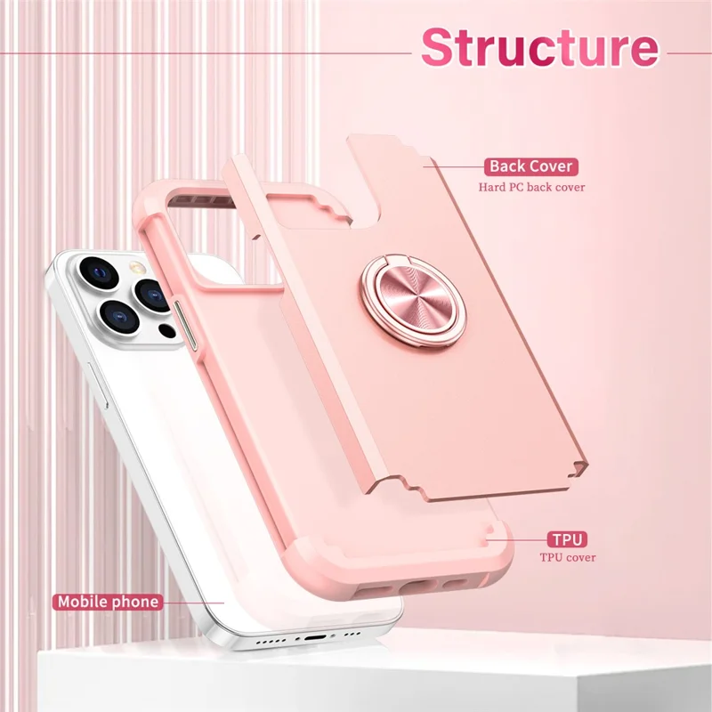 For iPhone 13 Pro Kickstand Case Anti-shock PC+TPU Phone Back Cover Protector - Rose Gold