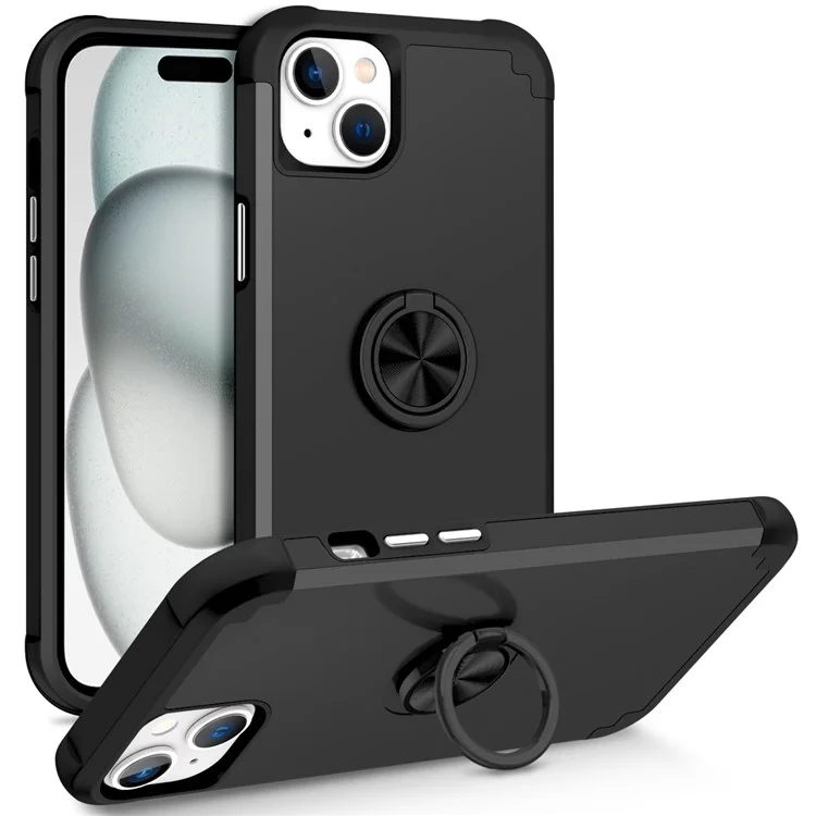 For iPhone 15 Case Anti-fingerprint PC+TPU Phone Cover with Magnetic Holder Metal Sheet - Black