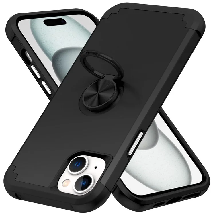For iPhone 15 Case Anti-fingerprint PC+TPU Phone Cover with Magnetic Holder Metal Sheet - Black