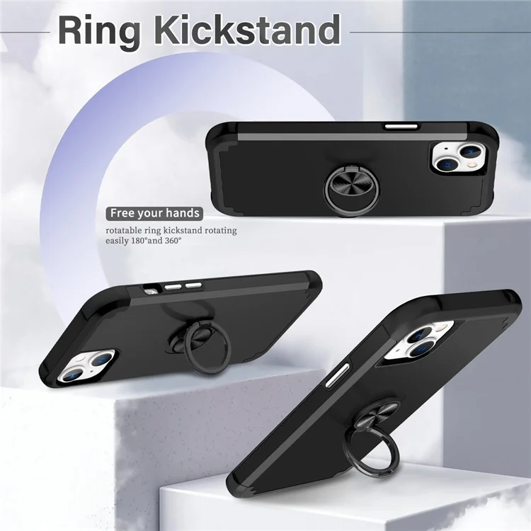 For iPhone 15 Case Anti-fingerprint PC+TPU Phone Cover with Magnetic Holder Metal Sheet - Black