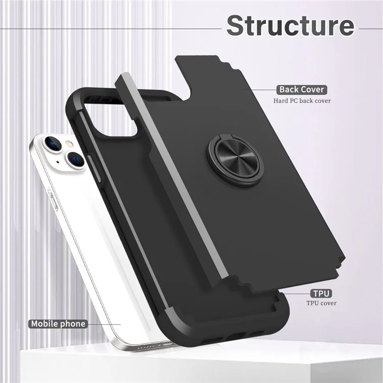 For iPhone 15 Case Anti-fingerprint PC+TPU Phone Cover with Magnetic Holder Metal Sheet - Black